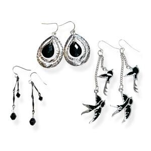 Pierced Drop Dangle Earrings Lot 3 Pair Hook Black Silver Tone Metal Variety